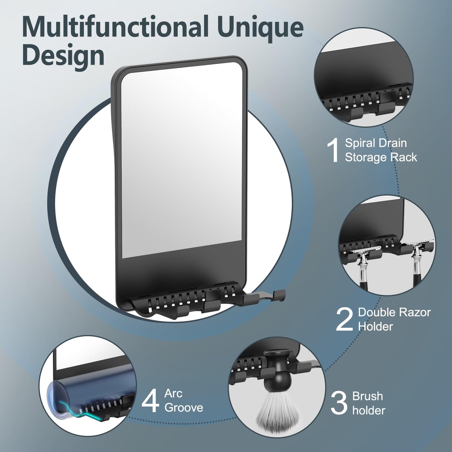 FUNTOUCH Shower Mirror Fogless for Shaving with Multiple Razor Holders, No-Drilling Adjustable Fogless Mirror