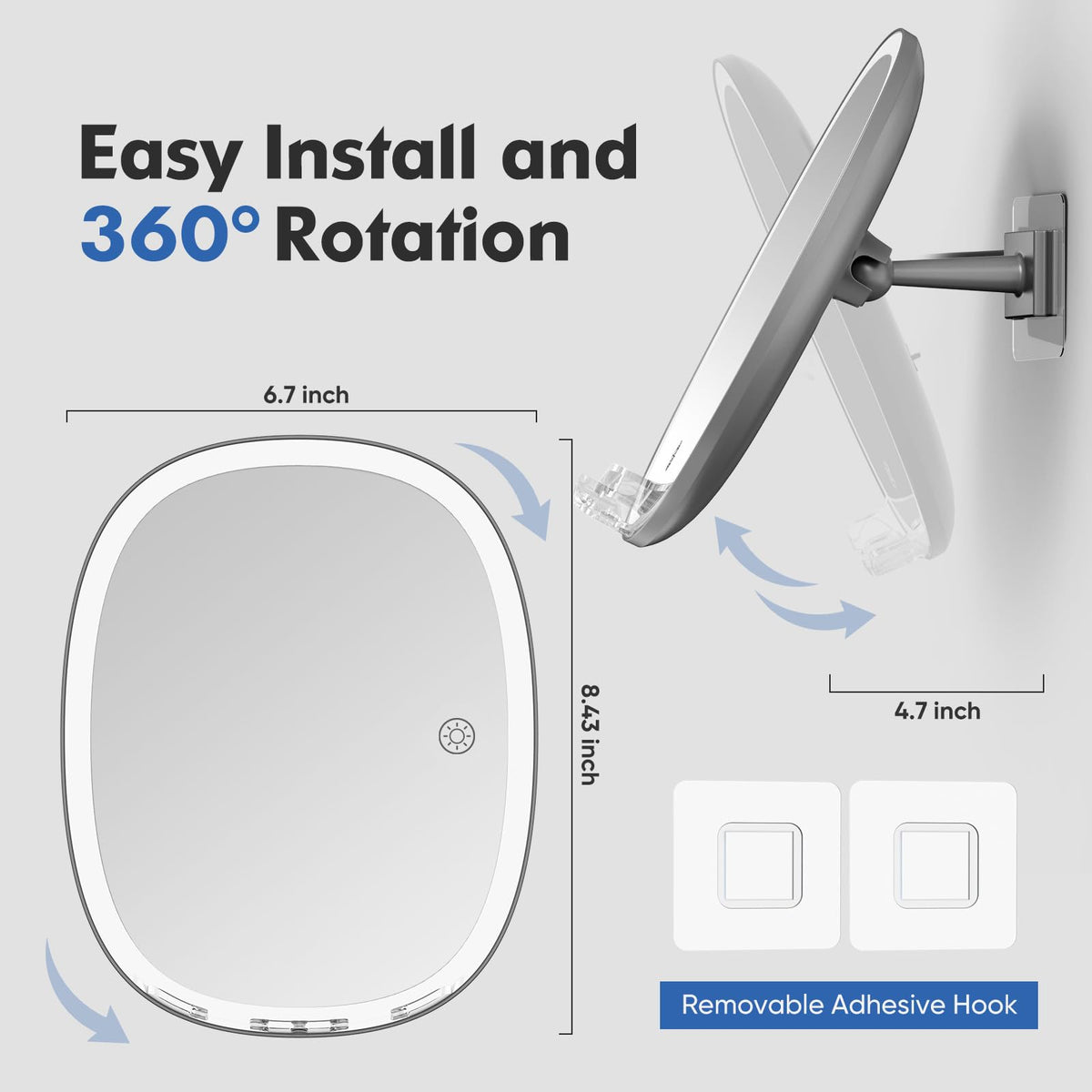 Funtouch Fogless Mirror for Shower, 6.7" x 8.4" Oval, ABS Plastic Wall Mount Bathroom Face Mirror / Fogless Feature, Hanging Shower Mirror, Grey