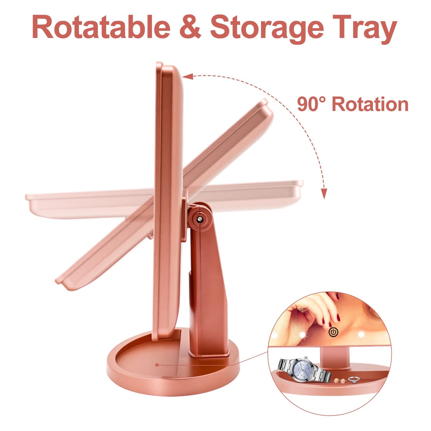 Funtouch 10.6" x 6.5" Square ABS Plastic Makeup Mirror with 1X/10X Magnification, LED Rosegold