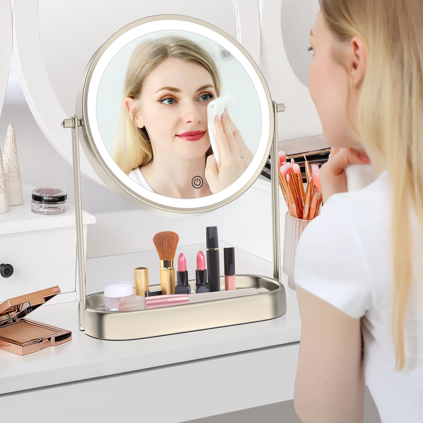 Funtouch 8" Round Stainless Steel Freestanding Makeup Mirror with Lights, 10x Magnification, Storage