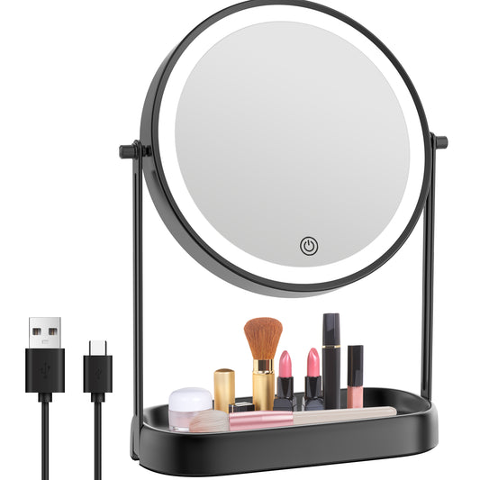 Funtouch 8" Round Stainless Steel Freestanding Makeup Mirror w/ Storage, Lighted, 3-Color Adjustable, 360° Rotation, 10x Magnification, Black