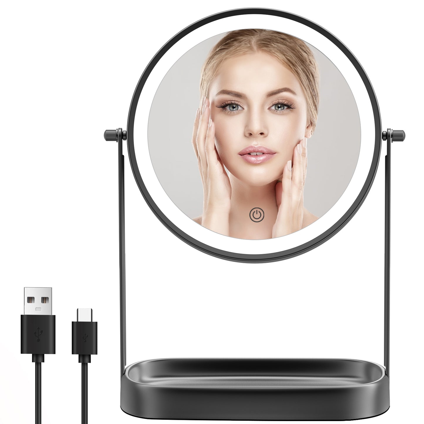 Funtouch 8" Round Stainless Steel Freestanding Makeup Mirror w/ Storage, Lighted, 3-Color Adjustable, 360° Rotation, 10x Magnification, Black