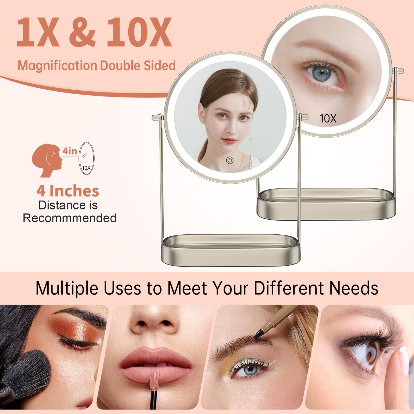 Funtouch 8" Round Stainless Steel Freestanding Makeup Mirror with Lights, 10x Magnification, Storage