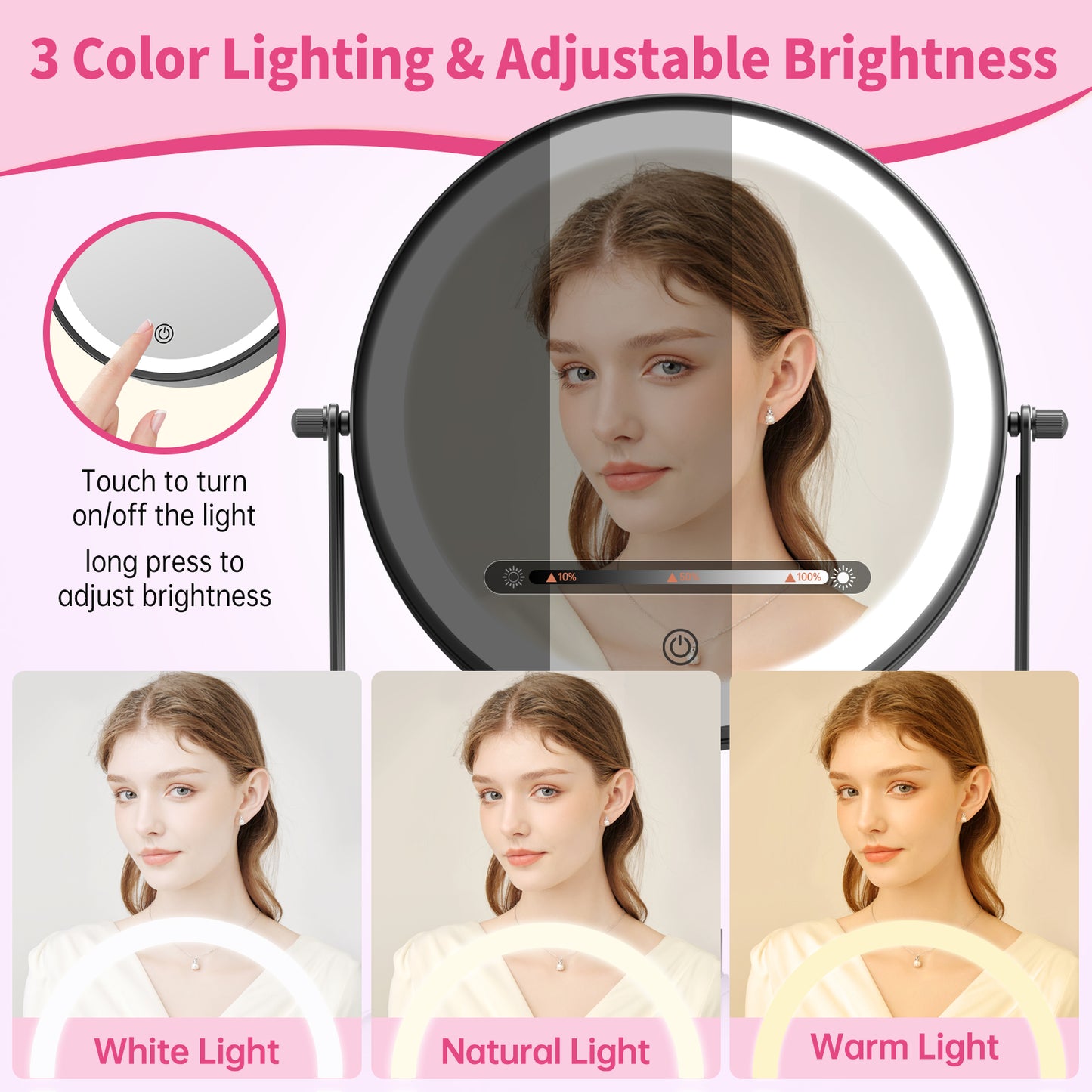 Funtouch 8" Round Stainless Steel Freestanding Makeup Mirror w/ Storage, Lighted, 3-Color Adjustable, 360° Rotation, 10x Magnification, Black