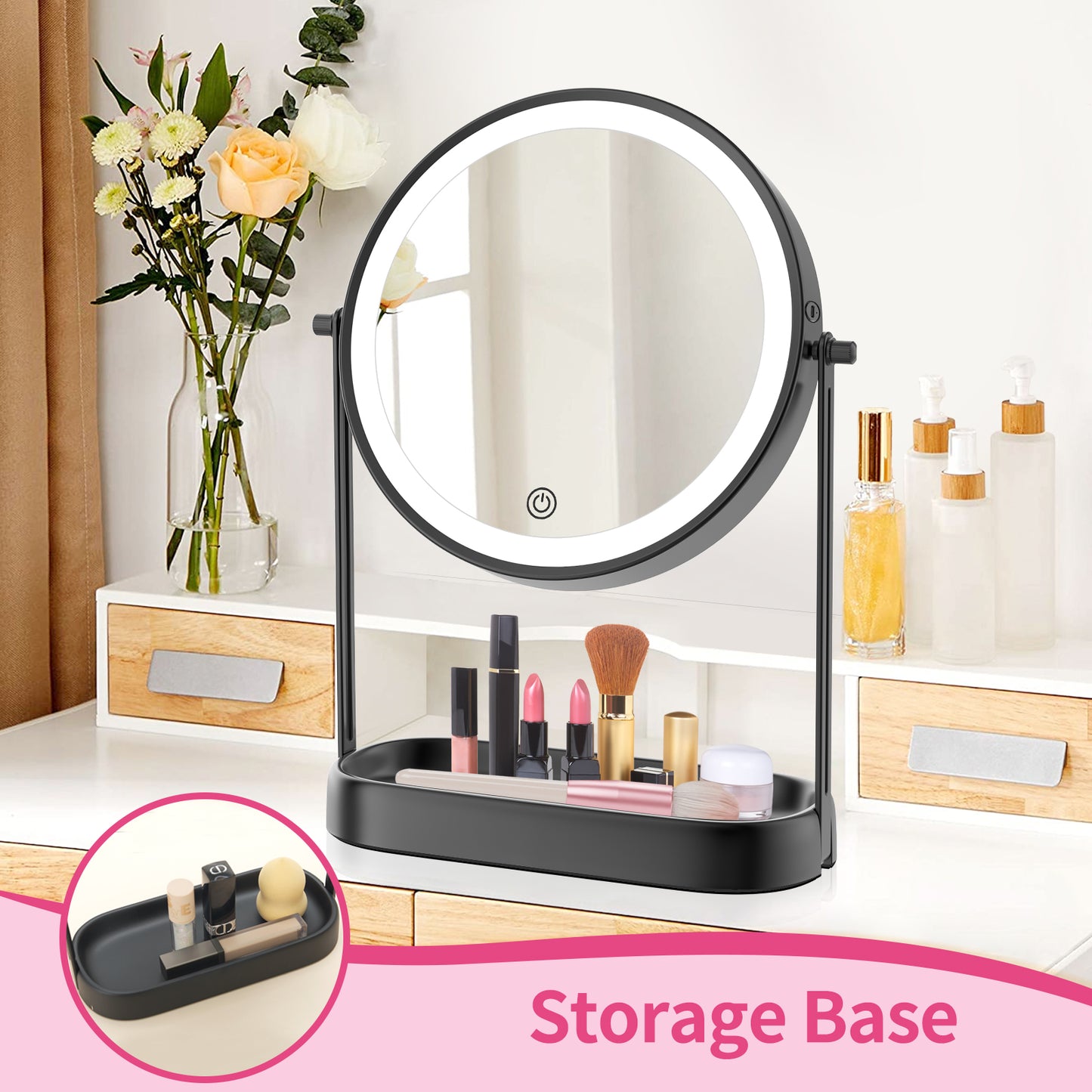 Funtouch 8" Round Stainless Steel Freestanding Makeup Mirror w/ Storage, Lighted, 3-Color Adjustable, 360° Rotation, 10x Magnification, Black