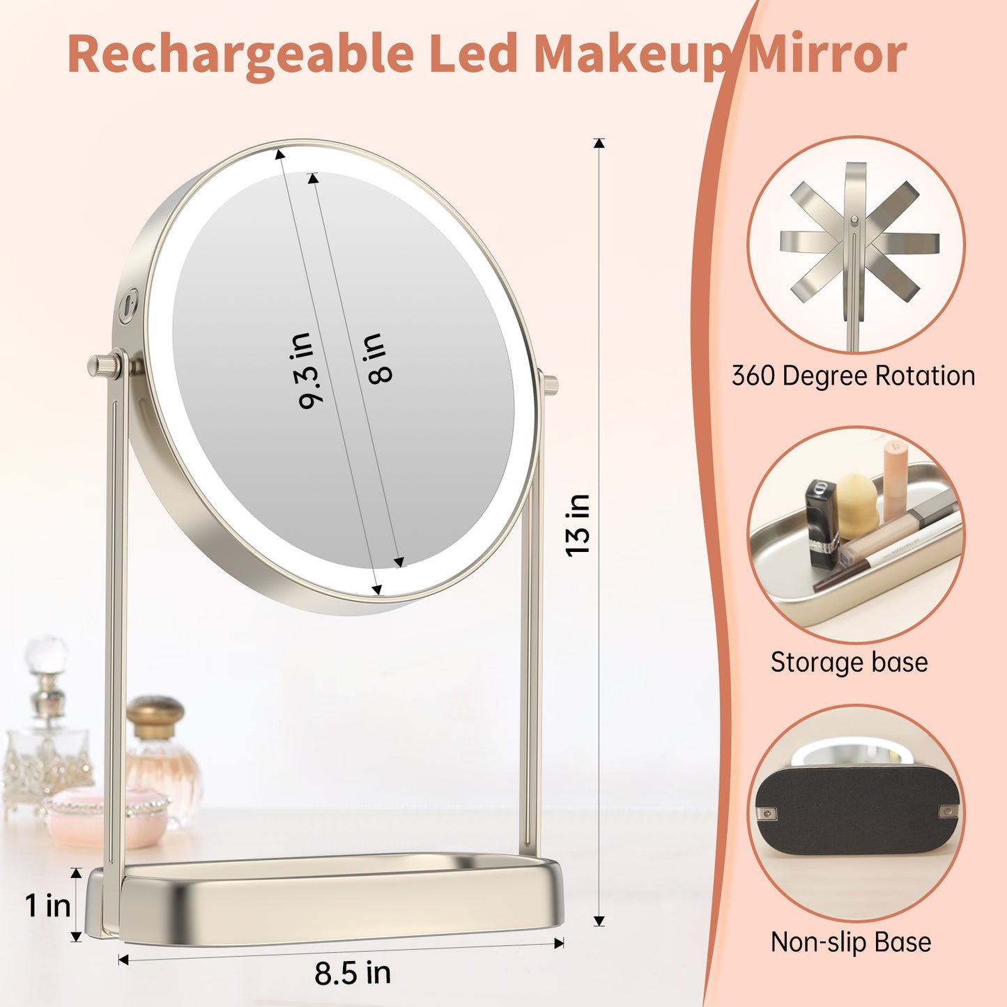 Funtouch 8" Round Stainless Steel Freestanding Makeup Mirror with Lights, 10x Magnification, Storage