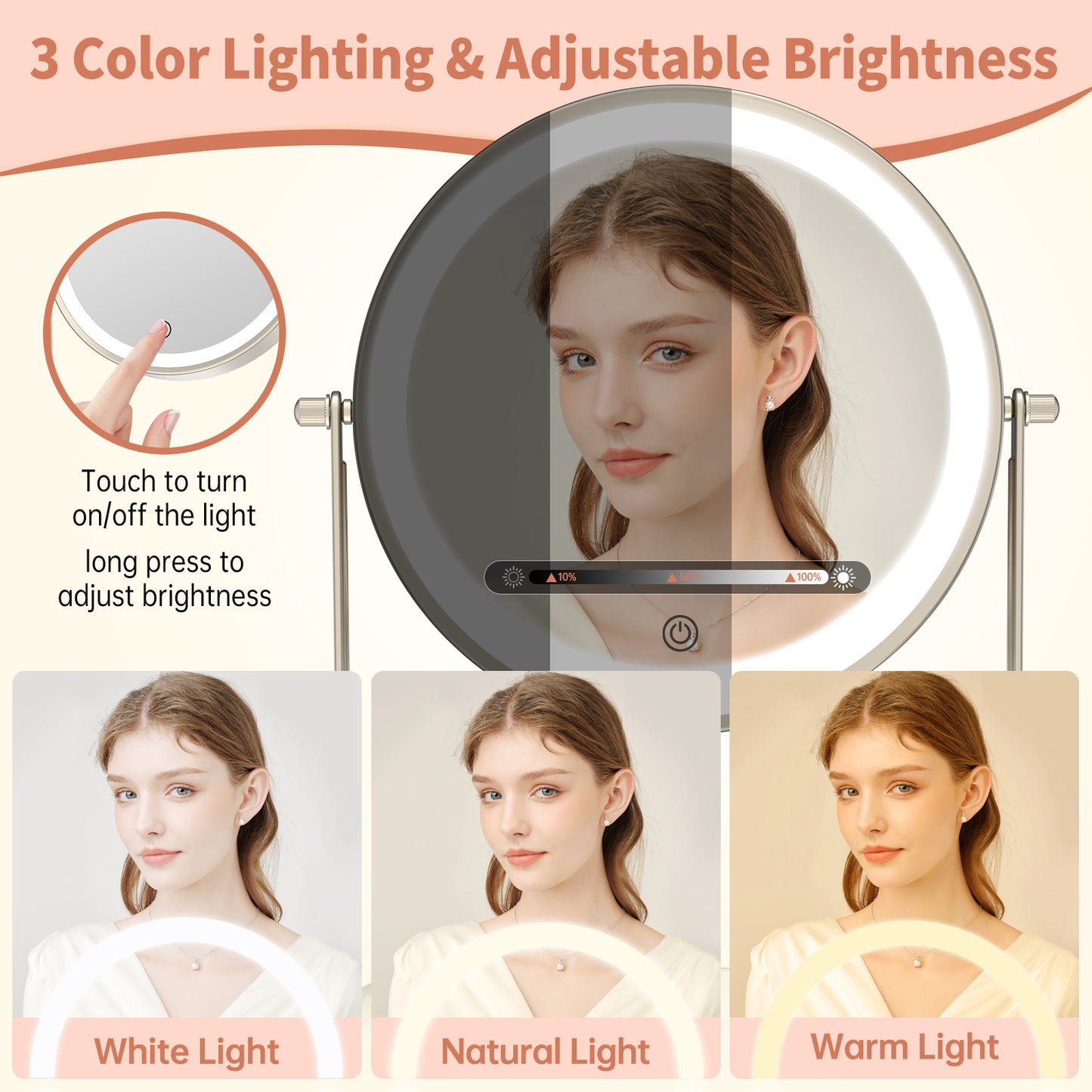 Funtouch 8" Round Stainless Steel Freestanding Makeup Mirror with Lights, 10x Magnification, Storage