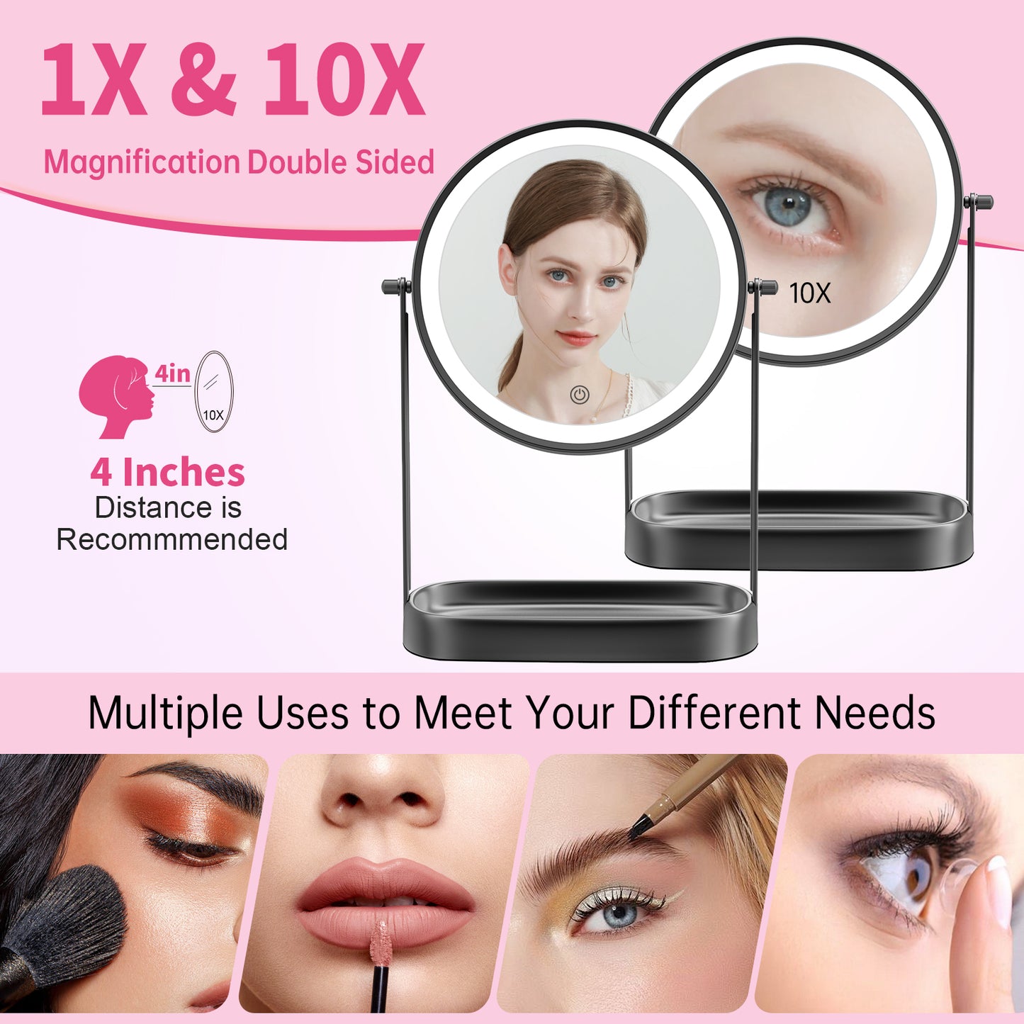 Funtouch 8" Round Stainless Steel Freestanding Makeup Mirror w/ Storage, Lighted, 3-Color Adjustable, 360° Rotation, 10x Magnification, Black